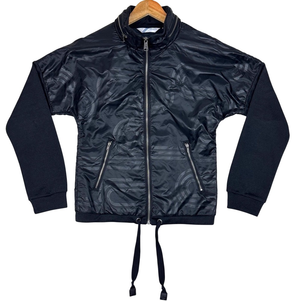 Adidas Mixed Media Tonal Swirl Full Zip Hooded Jacket Women XS Black Trefoil Y2K